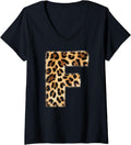 Womens Letter F Cheetah Leopard Initial Print Name Zebra Matching V Neck Apparel Comfort Fit Gift Ready