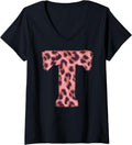 Womens Letter T Cheetah Leopard Print Pink Initial Zebra Matching V Neck Apparel Streetwear Style Fan Favorite