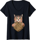 Womens Cool Cat holding Cheetah Leopard Print Heart Valentines Day V Neck Apparel Comfort Fit US Top Pick