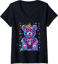 Womens Cute Colorful Cheetah Print Bear with Kisses V Neck Apparel Trending US Everyday Wear