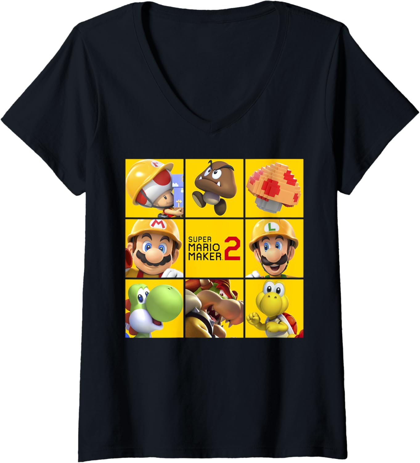 Super Mario Maker 2 Character Logo Box Grid Panel V-Neck Apparel | US Viral Style | Aesthetic Fit