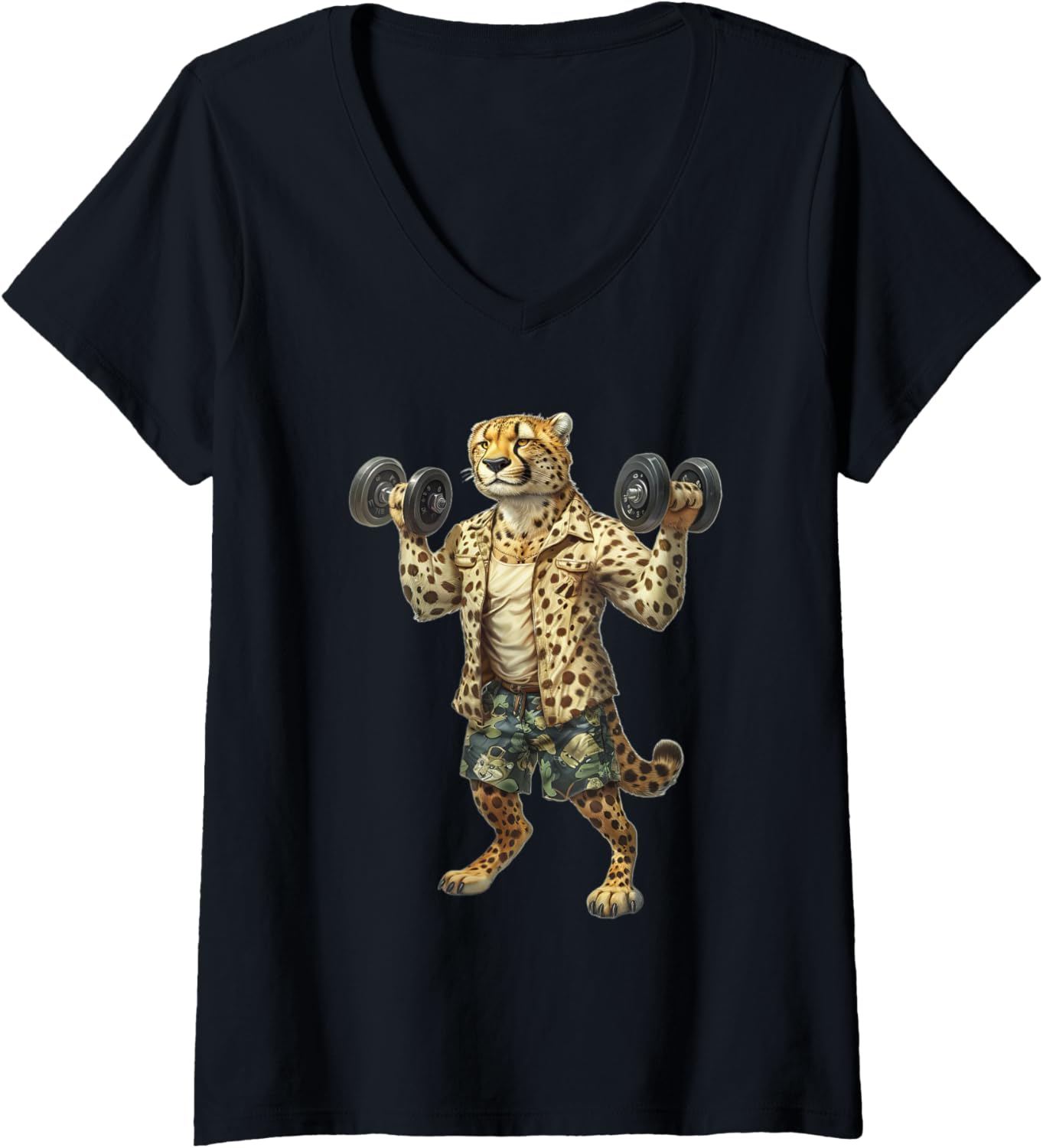 Womens Cheetah Dumbbells V Neck Apparel Comfort Fit Hot Right Now