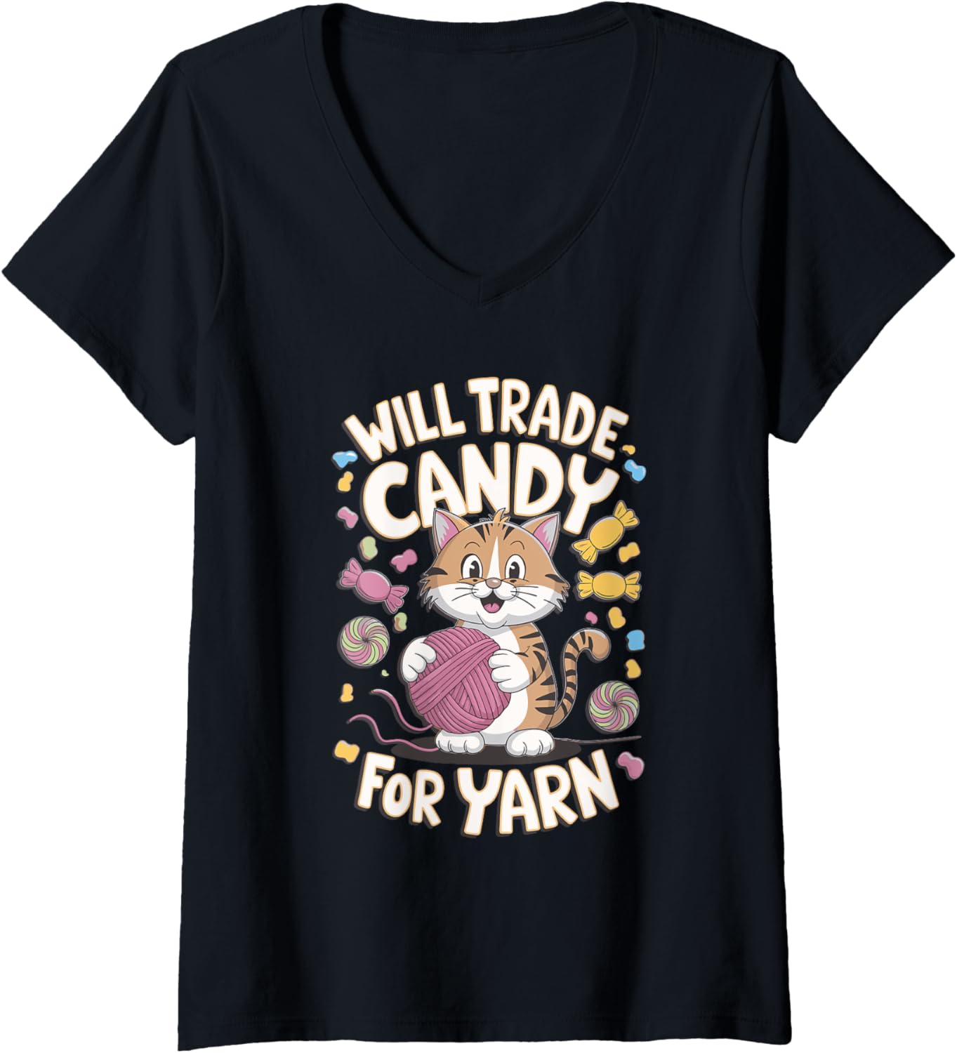 Womens Will Trade Candy For Yarn V-Neck Yarn Supply | Viral US Pick | Perfect for Crafters