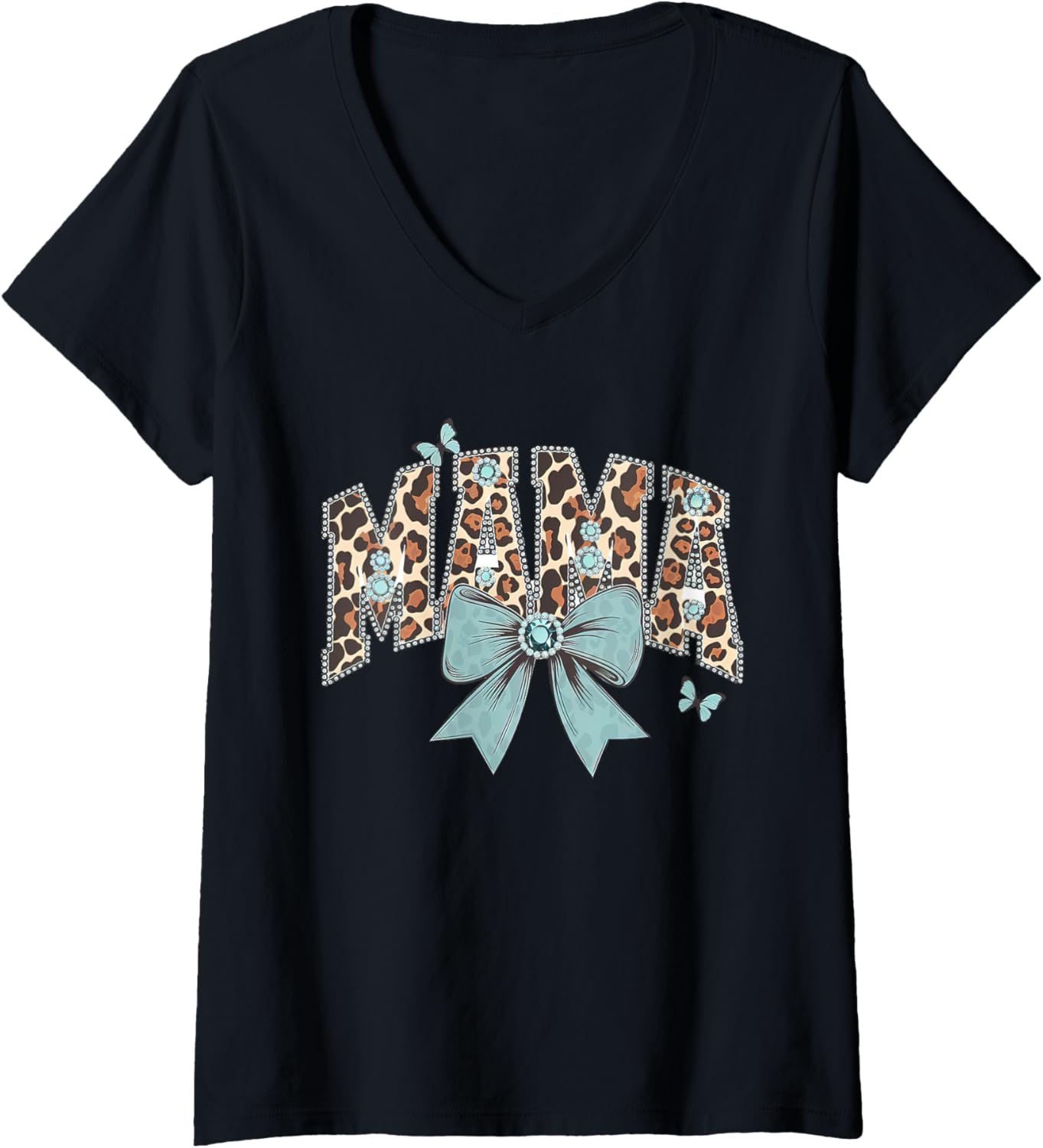 Womens Mama Coquette Bow Cheetah Leopard Print Mom Mothers Day V Neck Apparel Trending US Everyday Wear