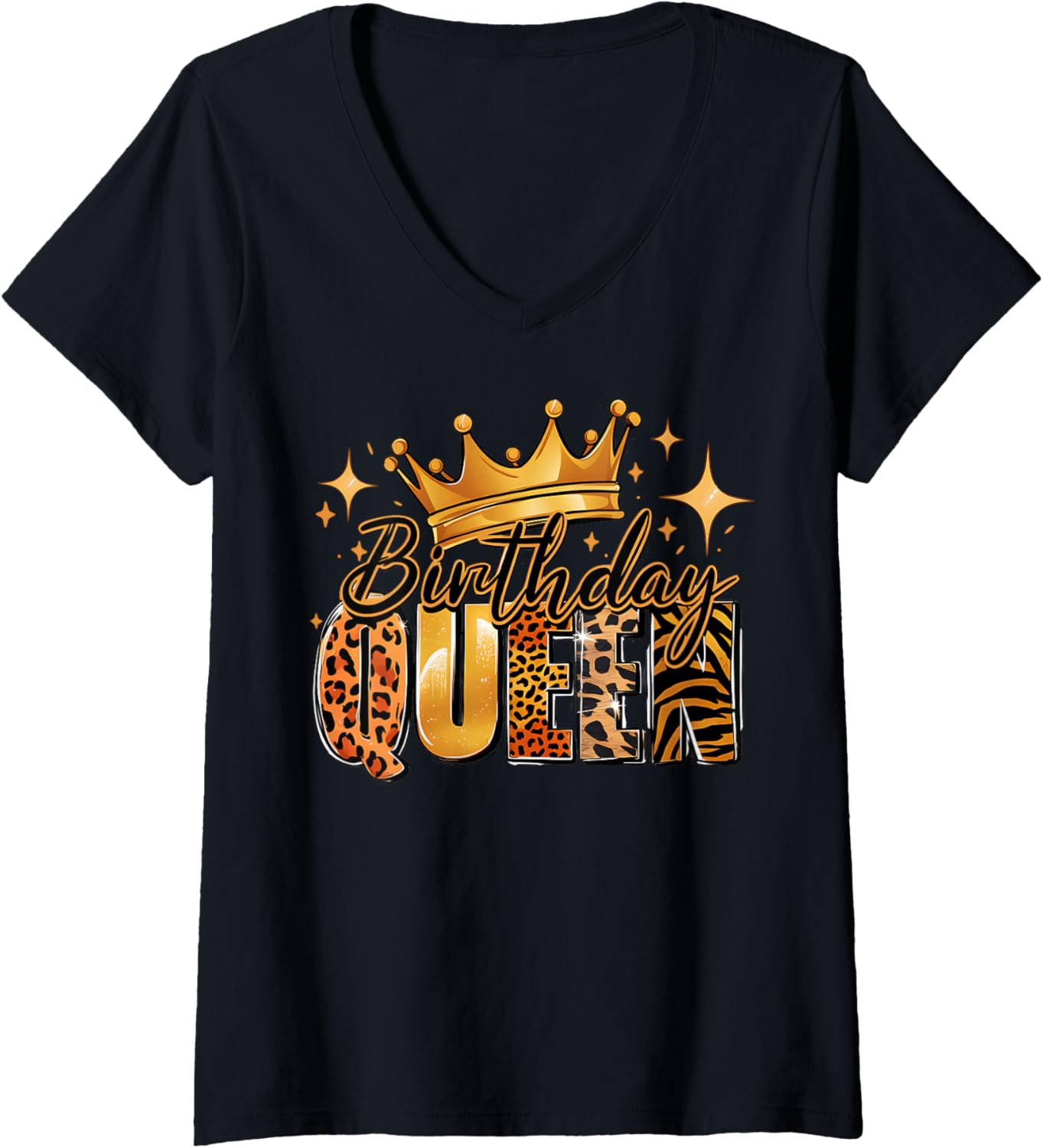 Womens Birthday Queen Crown Leopard Cheetah Giraffe Tiger Print V Neck Apparel Comfort Fit Everyday Wear