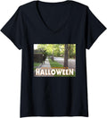 Womens Halloween Michael Myers Behind Bush V-Neck Apparel | Premium Quality