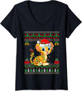 Womens Cheetah Christmas Lights Santa Ugly Sweater Xmas V Neck Sweater Comfort Fit Hot Right Now