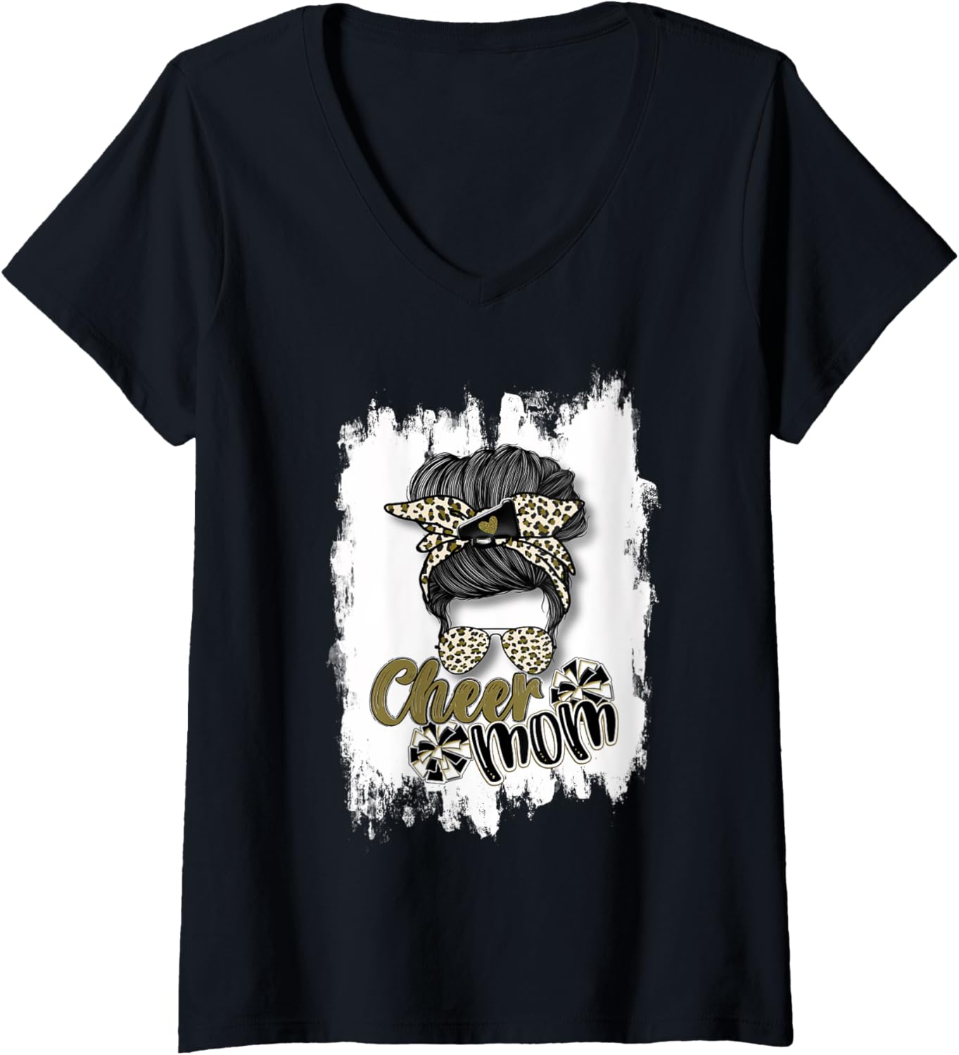 Womens Cheer Mom Shirt Messy Bun Sunglasses Gold Cheetah V Neck T Shirt Viral TikTok Find US Top Pick