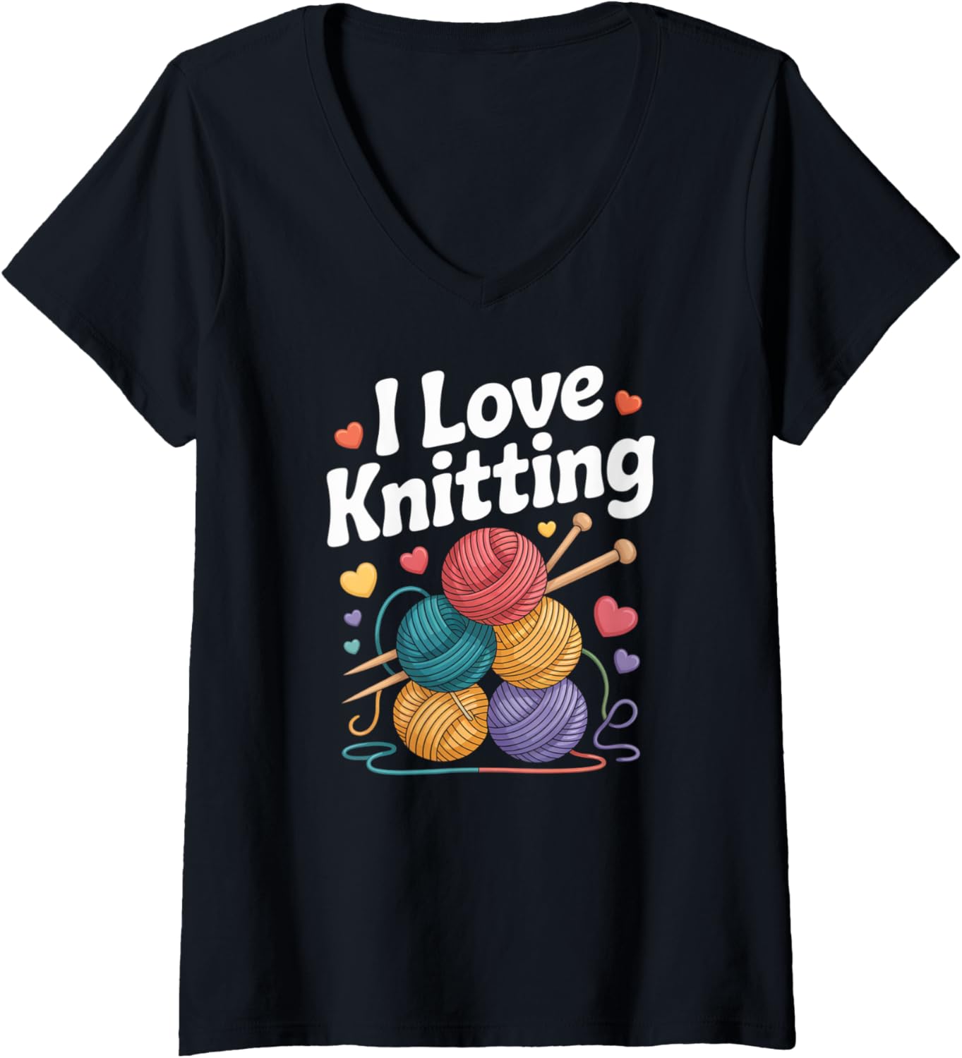 Womens I Love Knitting Yarn Needles Hearts V-Neck Yarn Supply | Viral US Pick | Perfect for Crafters