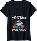 Womens Powered by yarn and espresso V-Neck Yarn Supply | Viral US Pick | Perfect for Crafters