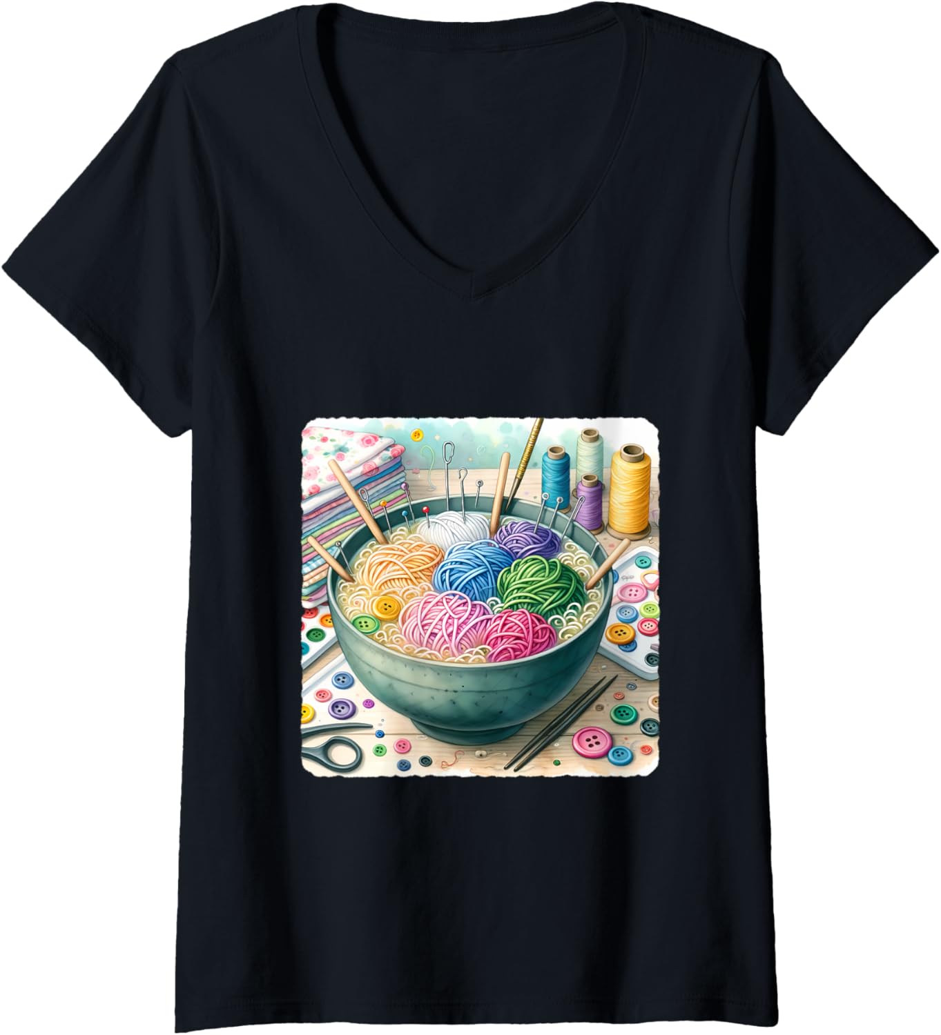 Womens Ramen Bowl With Noodle Yarn, Needle, Button Toppings. Yarn V-Neck Yarn Supply | Trending 2025 | Perfect for Cr...