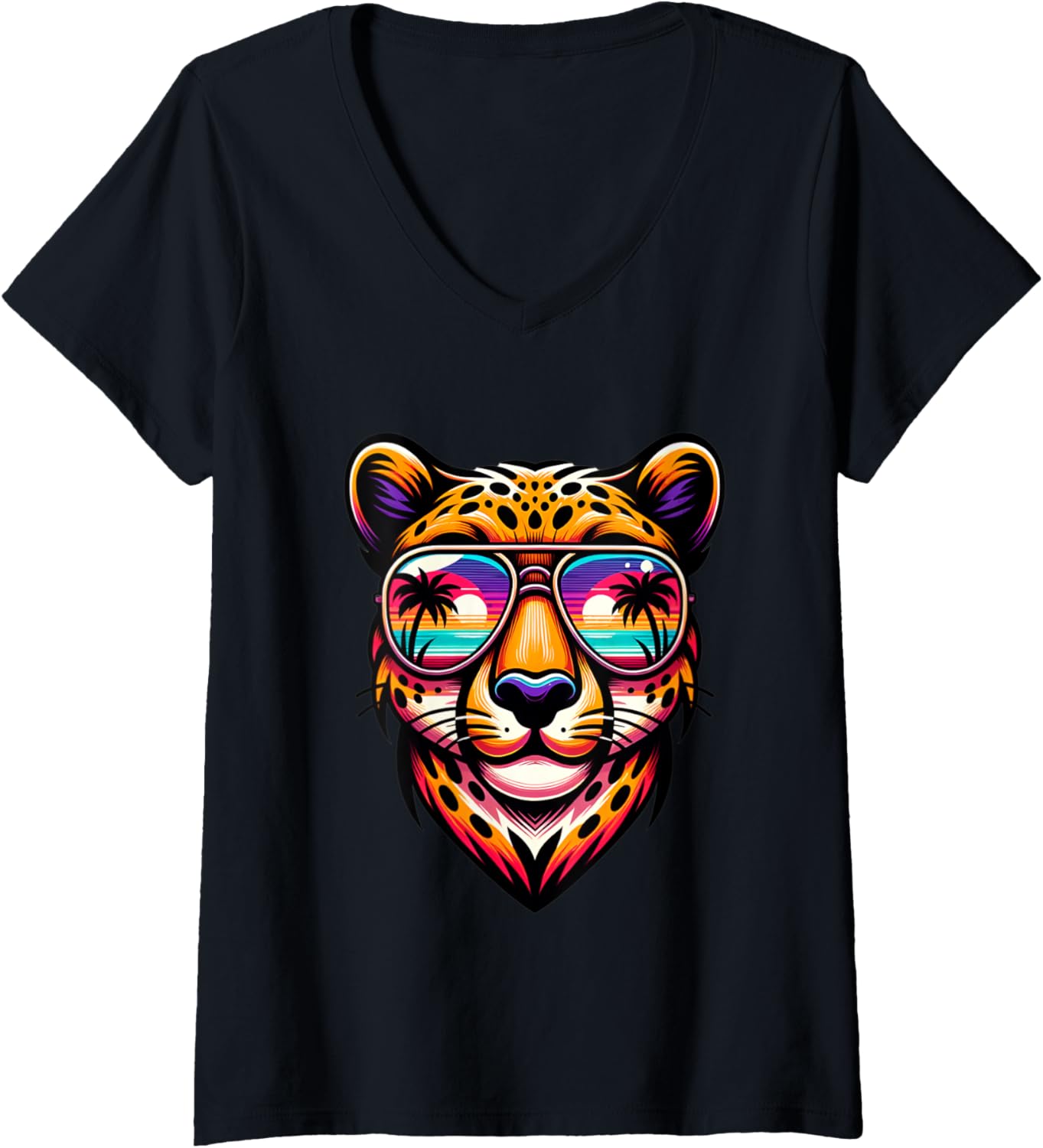 Womens Head Cheetah Retro Vintage Face Birthday Halloween Vacation V Neck Apparel Streetwear Style US Top Pick