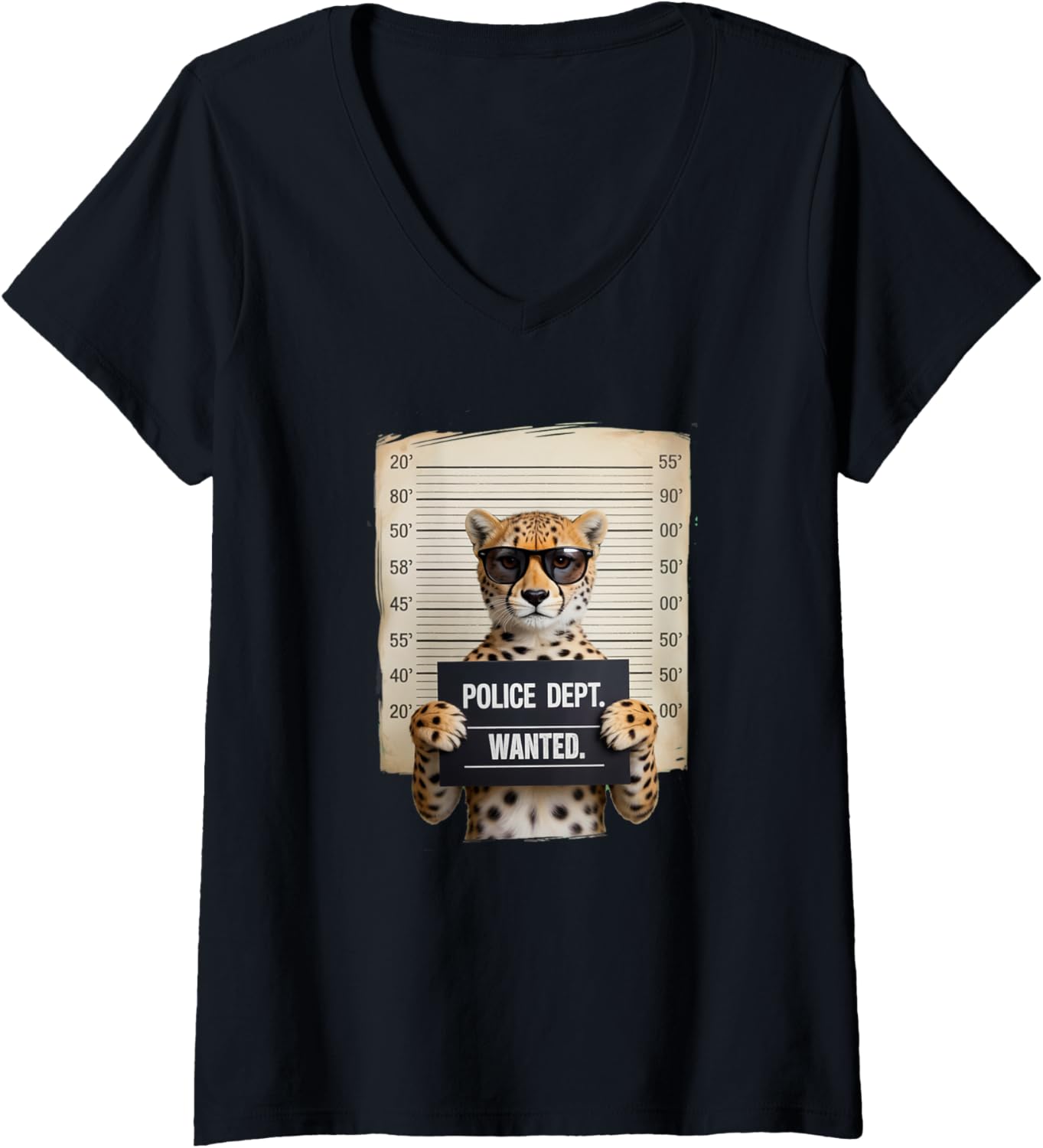 Womens Mugshot Style Art Cheetah Sunglasses Cheetahs V Neck Apparel Comfort Fit Everyday Wear