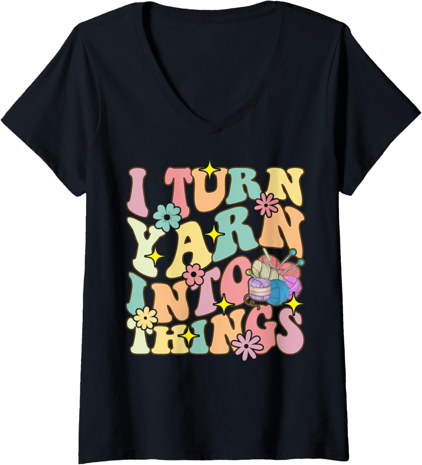 Womens Turn Yarn Into Things Groovy Crocheting Knitting Yarn Lover V-Neck Yarn Supply | Top Rated | Best Seller Choice