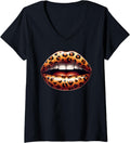 Womens Cheetah Leopard Print Lips Trendy Lips Black Queen Women V Neck Apparel High Search Demand Everyday Wear