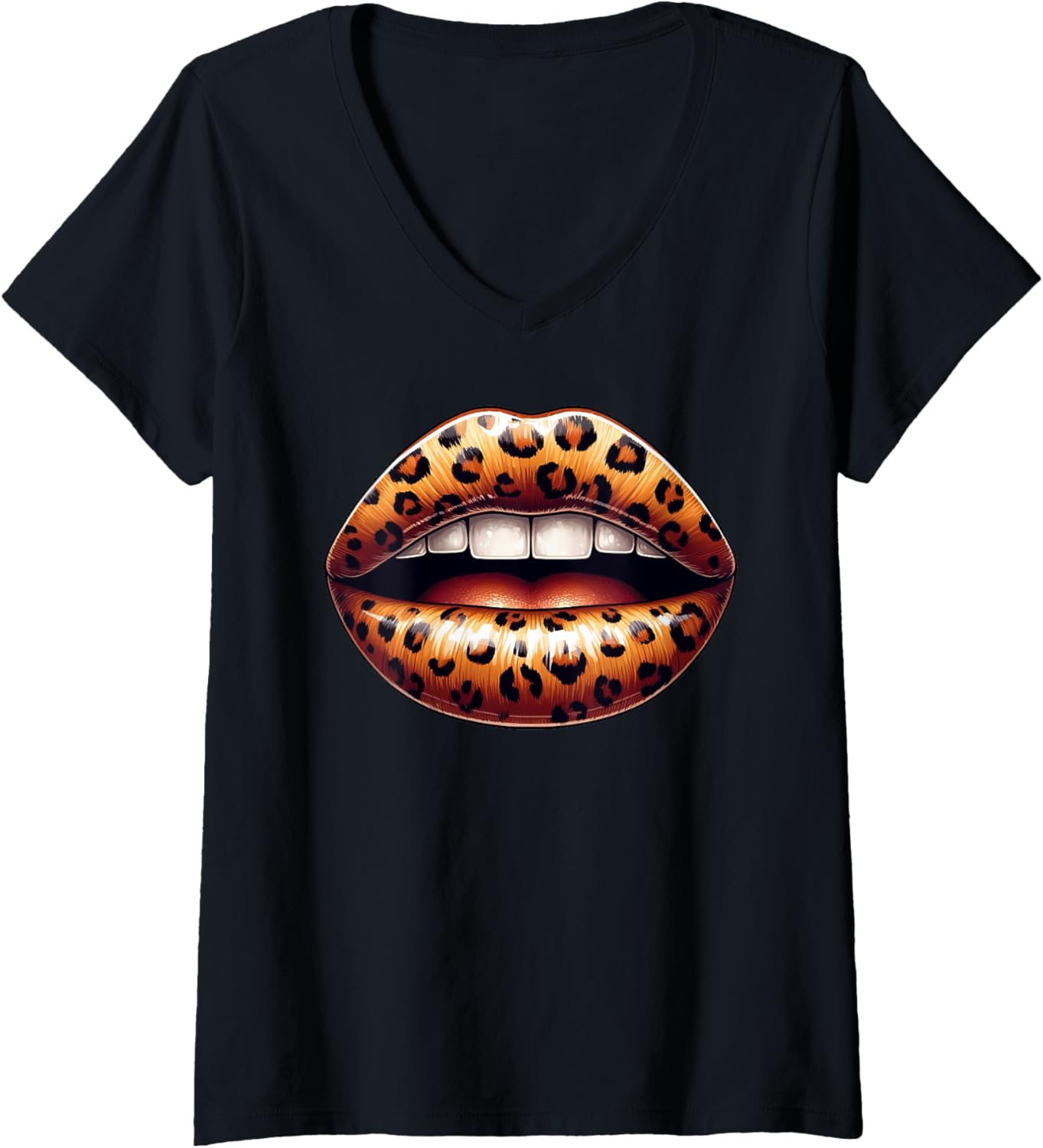 Womens Cheetah Leopard Print Lips Trendy Lips Black Queen Women V Neck Apparel High Search Demand Everyday Wear