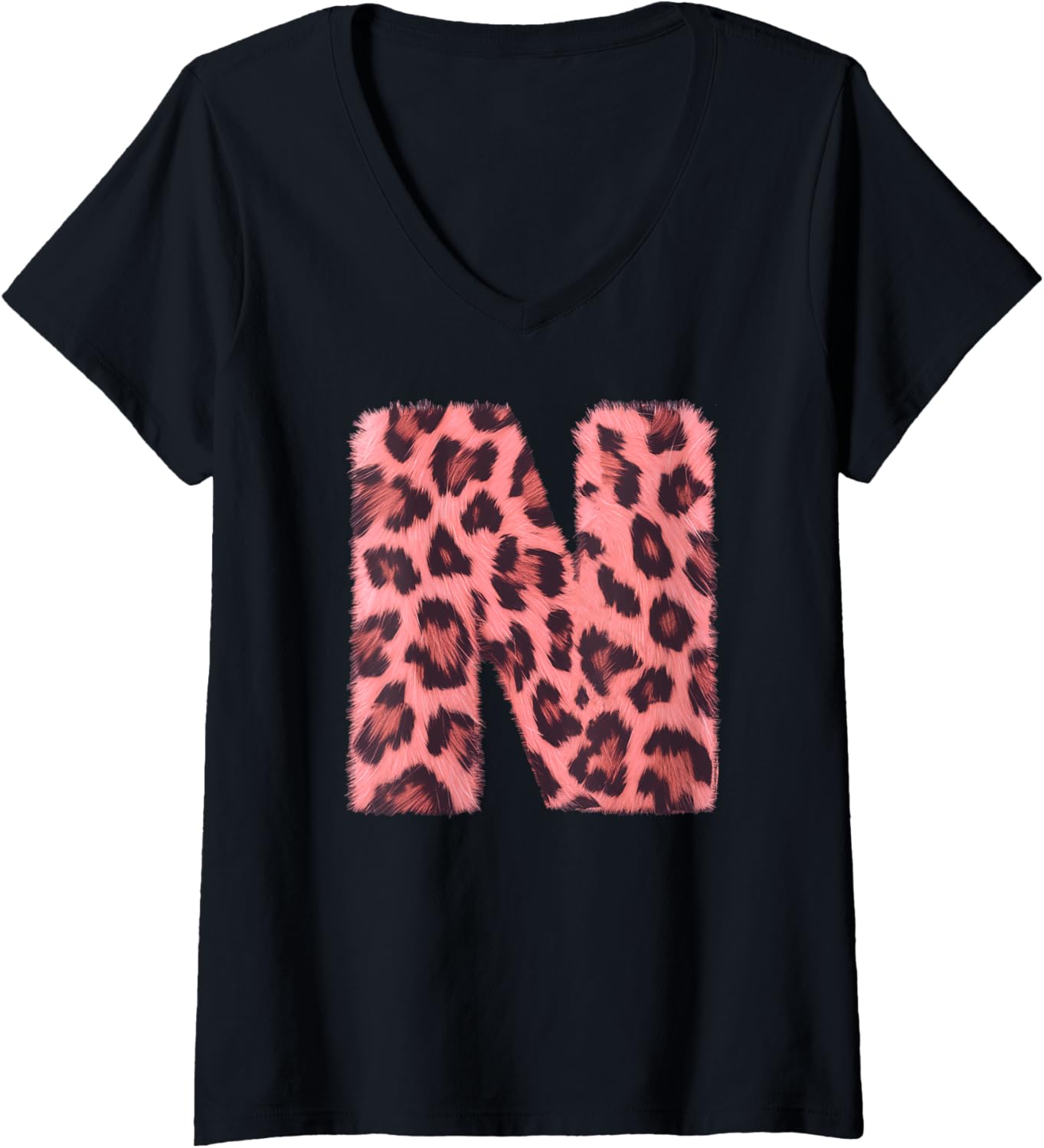 Womens Letter N Cheetah Leopard Print Pink Initial Zebra Matching V Neck Apparel Premium Print Everyday Wear