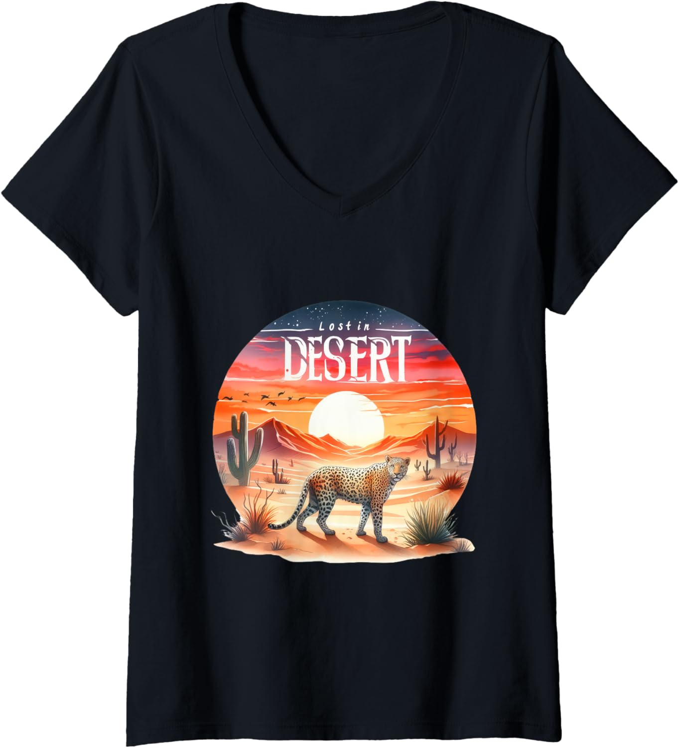 Womens Cheetah Leopard Desert Safari Cat Animal Sunset V Neck Apparel Trending US Hot Right Now