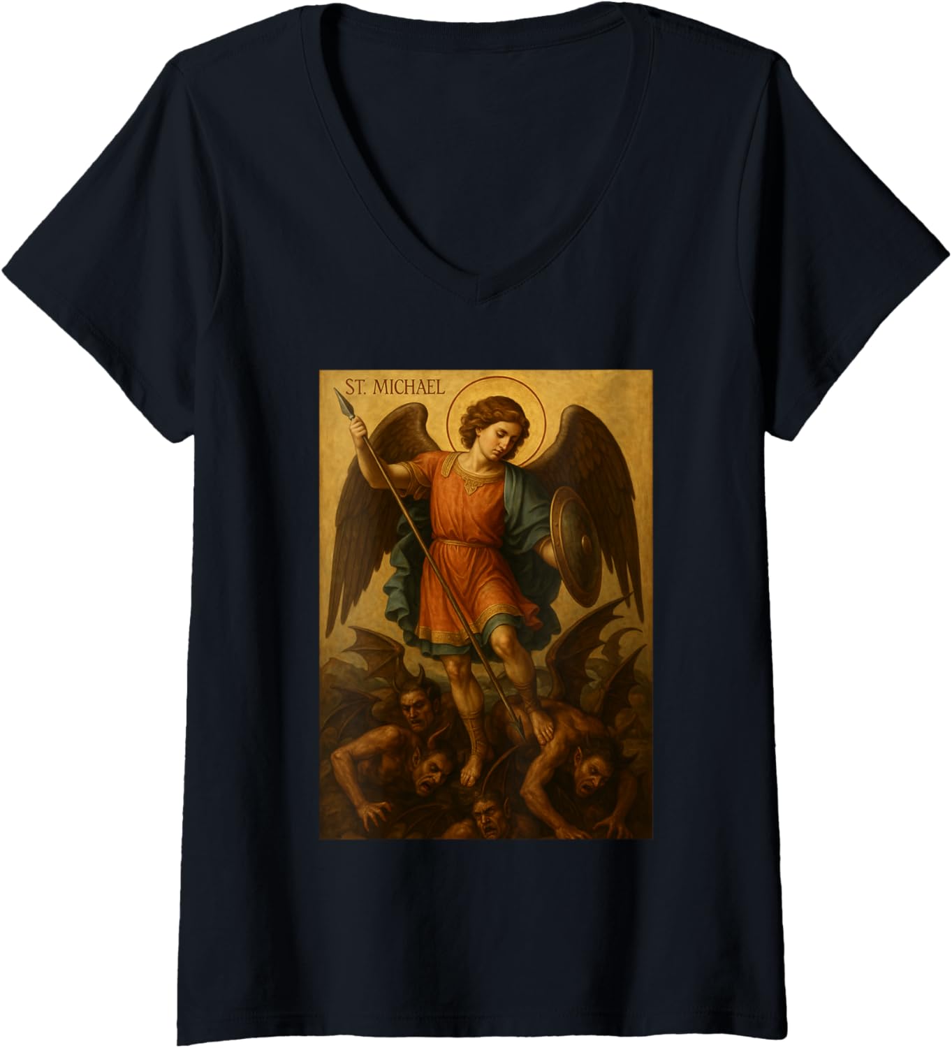 Womens Icon of Saint Michael The Archangel Defeating Satan V-Neck Apparel | Trending 2025