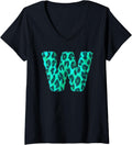 Womens Letter W Cheetah Leopard Print Blue Initial Zebra Matching V Neck Apparel Comfort Fit Gift Ready