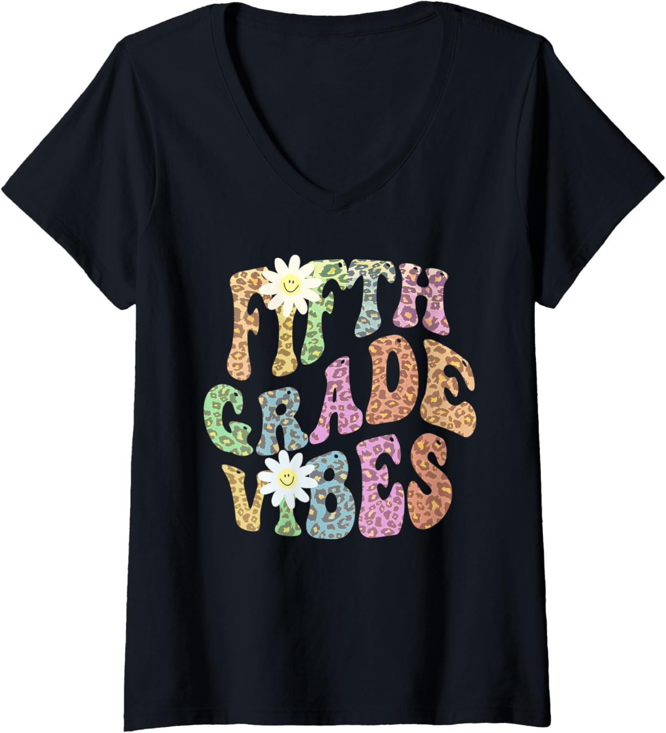 Womens Groovy FIFTH GRADE VIBES Teacher Leopard Print 5th Gr Retro V Neck Apparel Streetwear Style US Top Pick