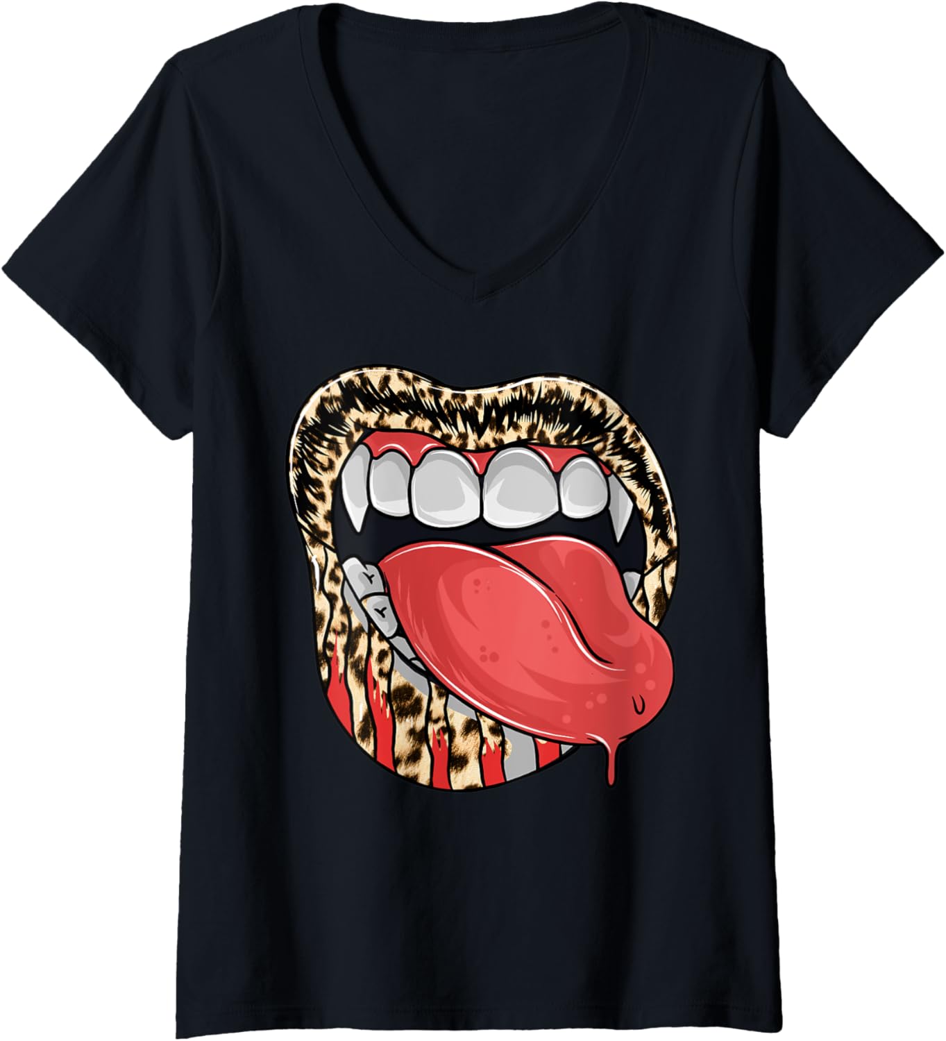 Womens Vampire Tee Leopard Print Lip Kiss Lipstick Cheetah Leopard V Neck T Shirt Streetwear Style Fan Favorite