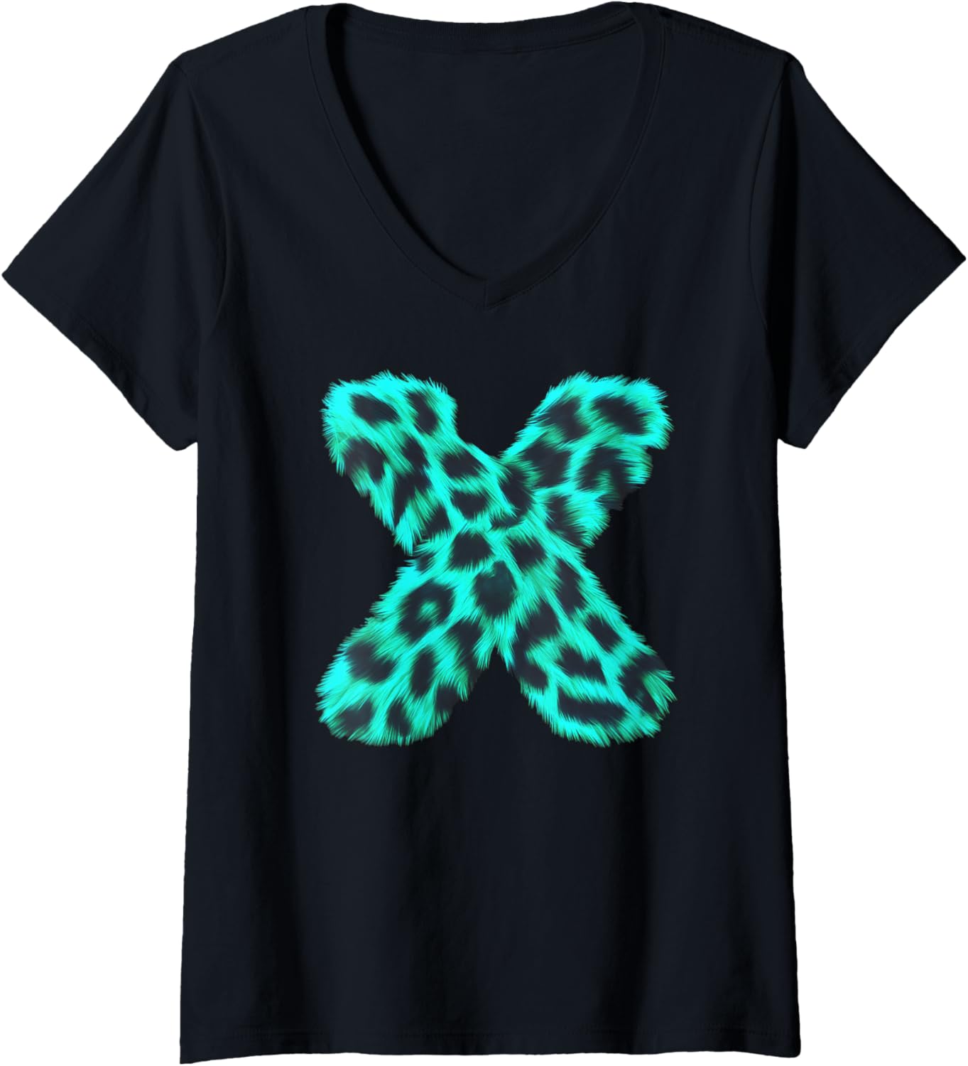 Womens Letter X Cheetah Leopard Print Blue Initial Zebra Matching V Neck Apparel Comfort Fit Hot Right Now