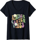 Womens Groovy KINDERGARTEN VIBES Teacher Leopard Print Kinder Retro V Neck Apparel High Search Demand Hot Right Now