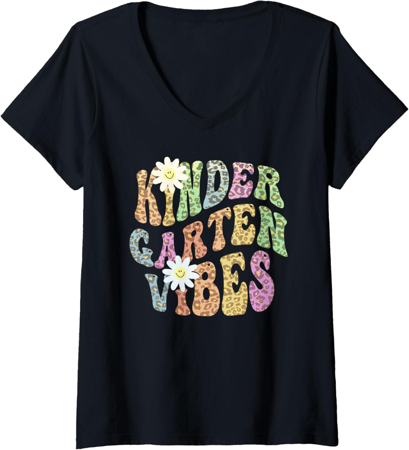 Womens Groovy KINDERGARTEN VIBES Teacher Leopard Print Kinder Retro V Neck Apparel High Search Demand Hot Right Now