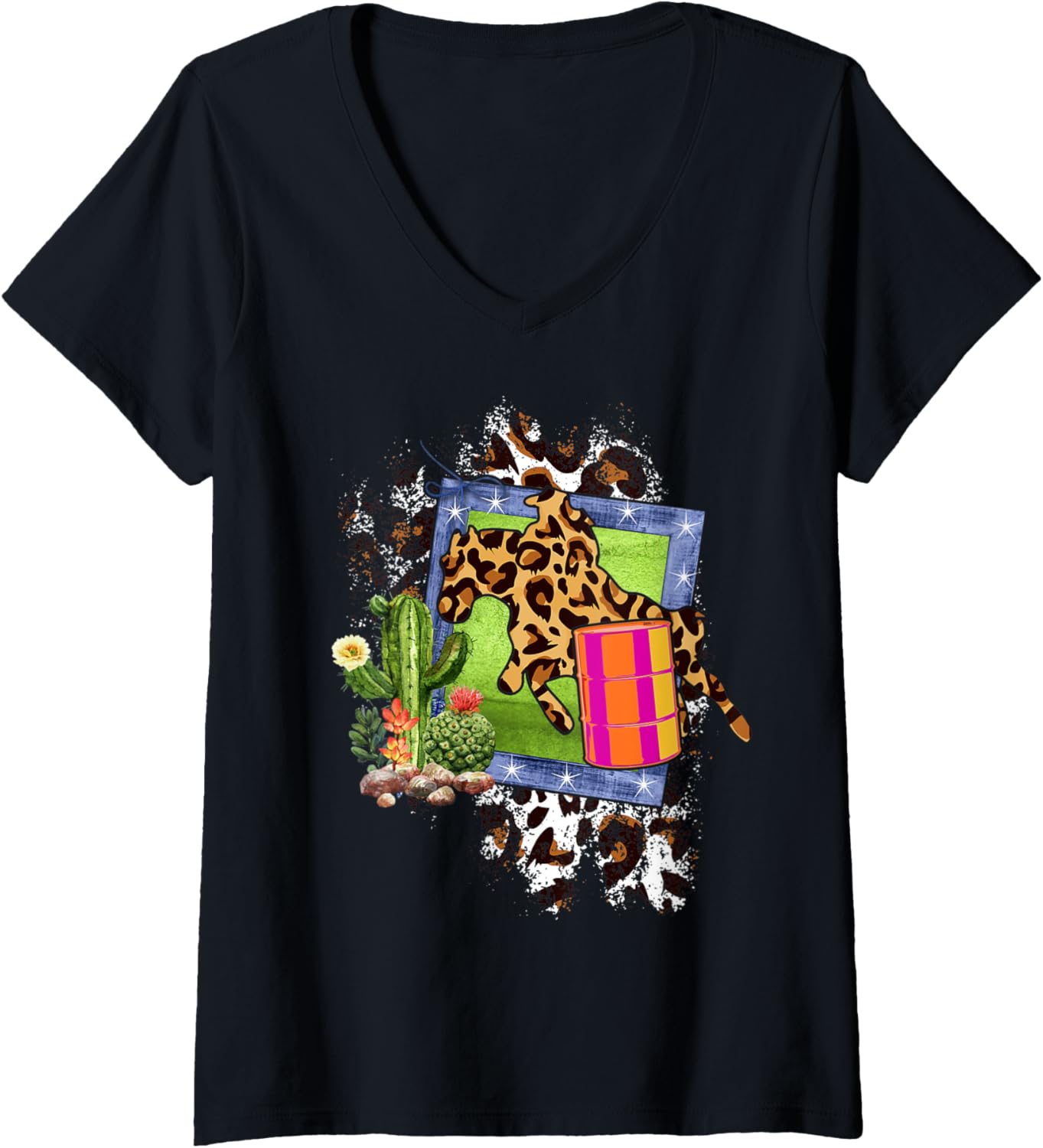 Womens Barrel Racing Cheetah Print Rodeo Cowgirl Cactus Funny V Neck Apparel High Search Demand Hot Right Now