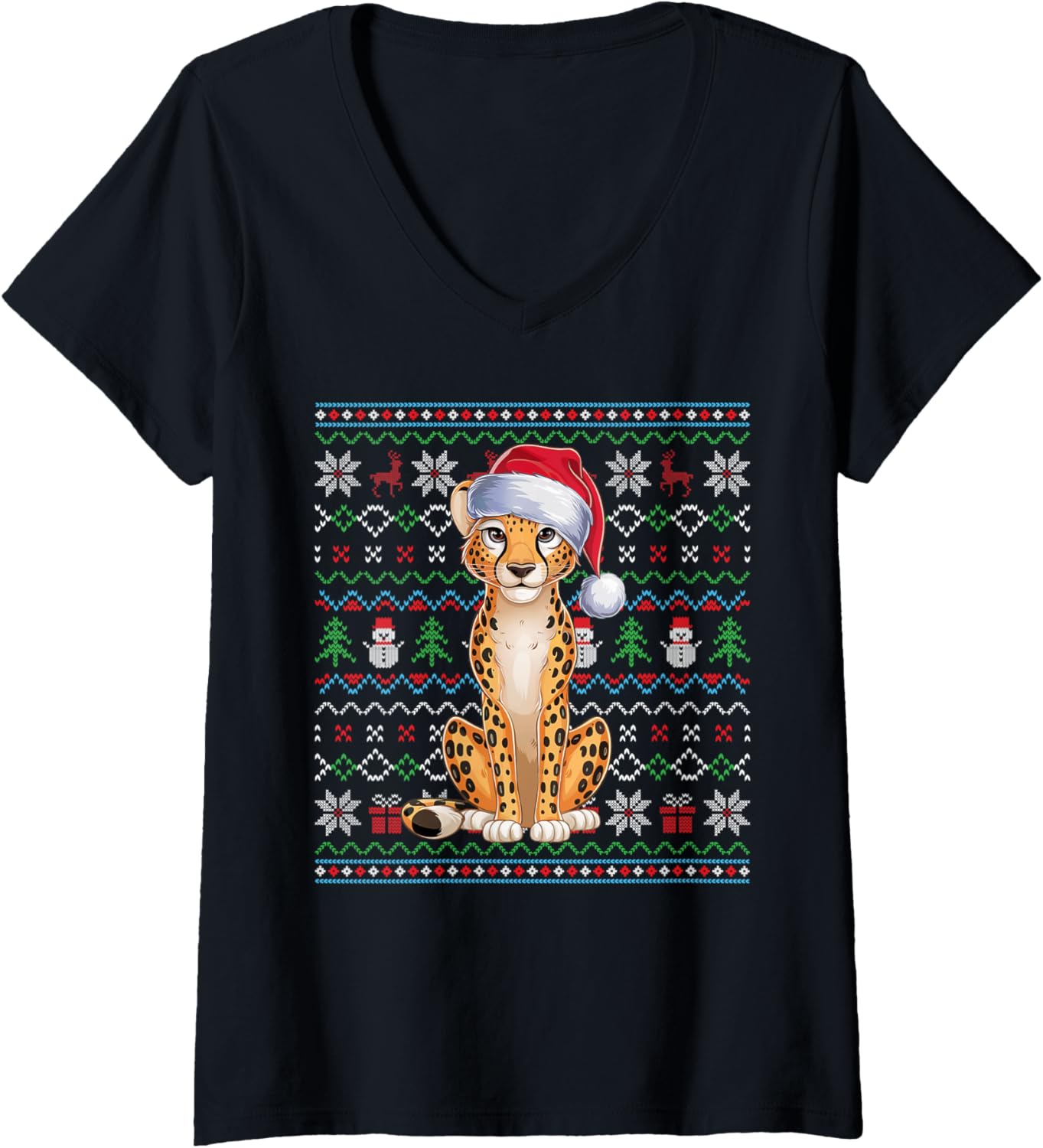 Womens Ugly Cheetah Lovers Xmas Sweater Santa Christmas V Neck Sweater Comfort Fit US Top Pick