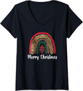 Womens Merry Christmas Buffalo Plaid Cheetah print rainbow V Neck Apparel Comfort Fit Everyday Wear
