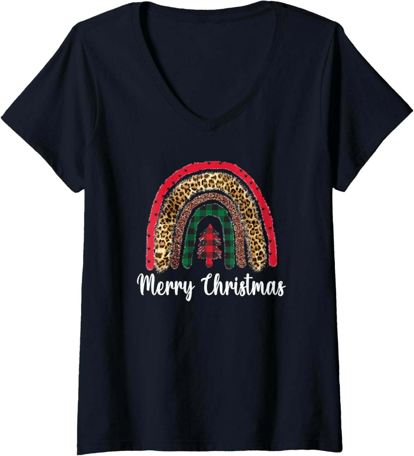 Womens Merry Christmas Buffalo Plaid Cheetah print rainbow V Neck Apparel Comfort Fit Everyday Wear