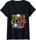 Womens Groovy THIRD GRADE VIBES Teacher Leopard Print 3rd Gr Retro V Neck Apparel Comfort Fit Best Seller Look