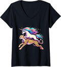 Womens Unicorn Riding Cheetah Boys Girls Men Women Kids Rainbow V Neck Apparel High Search Demand Hot Right Now