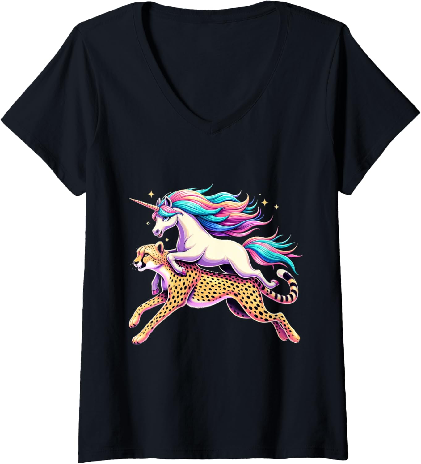 Womens Unicorn Riding Cheetah Boys Girls Men Women Kids Rainbow V Neck Apparel High Search Demand Hot Right Now