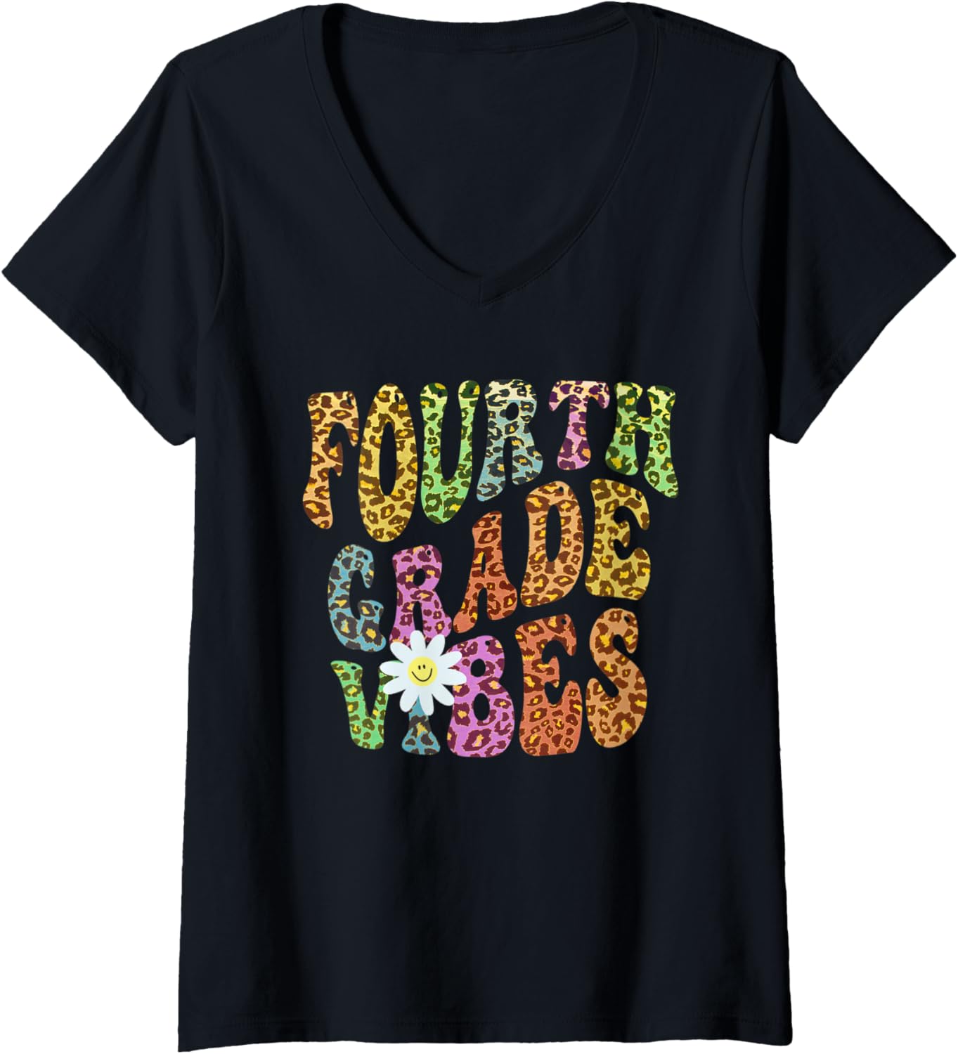 Womens Groovy FOURTH GRADE VIBES Teacher Leopard Print 4th Gr Retro V Neck Apparel Viral TikTok Find US Top Pick
