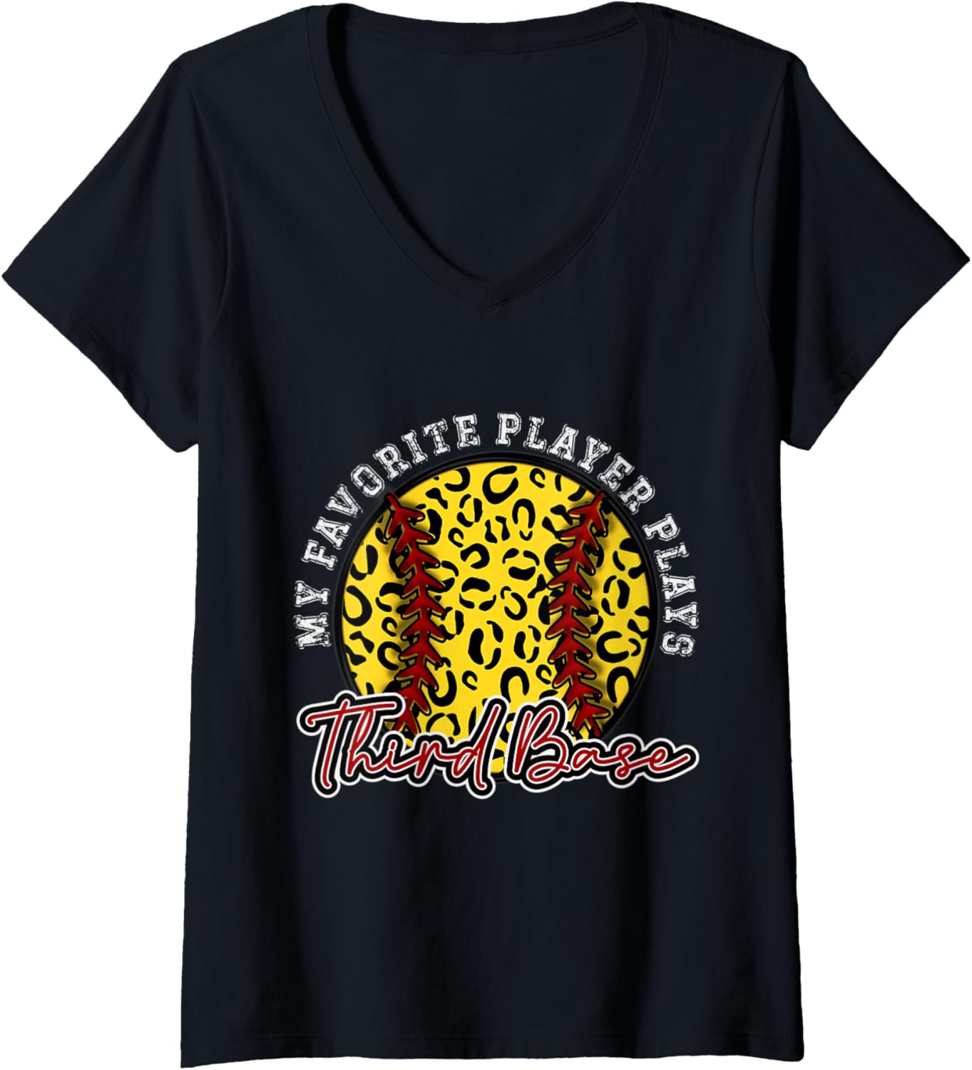 Womens Leopard Cheetah Softball THIRD BASE Shirt Womens Trendy V Neck T Shirt Comfort Fit Gift Ready