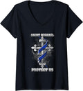 Womens Thin Blue Line St. Michael Protect Us T-shirt V-Neck T-Shirt | Viral Streetwear Style