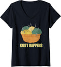 Womens Knitt Happens Funny Knitter Pun Crochet Yarn Lady Hoarding V-Neck Yarn Supply | Viral US Pick | High CTR Title