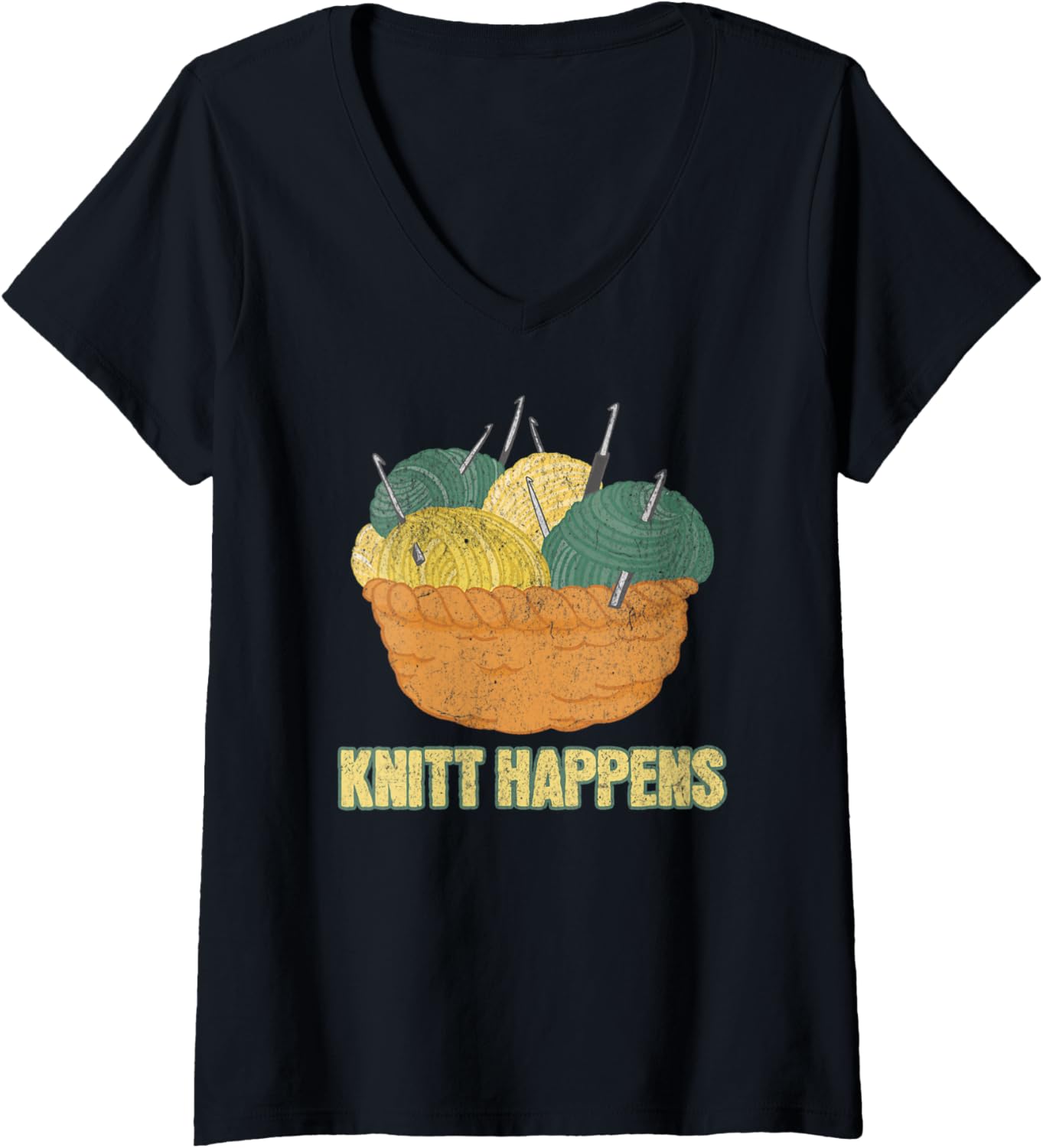 Womens Knitt Happens Funny Knitter Pun Crochet Yarn Lady Hoarding V-Neck Yarn Supply | Viral US Pick | High CTR Title