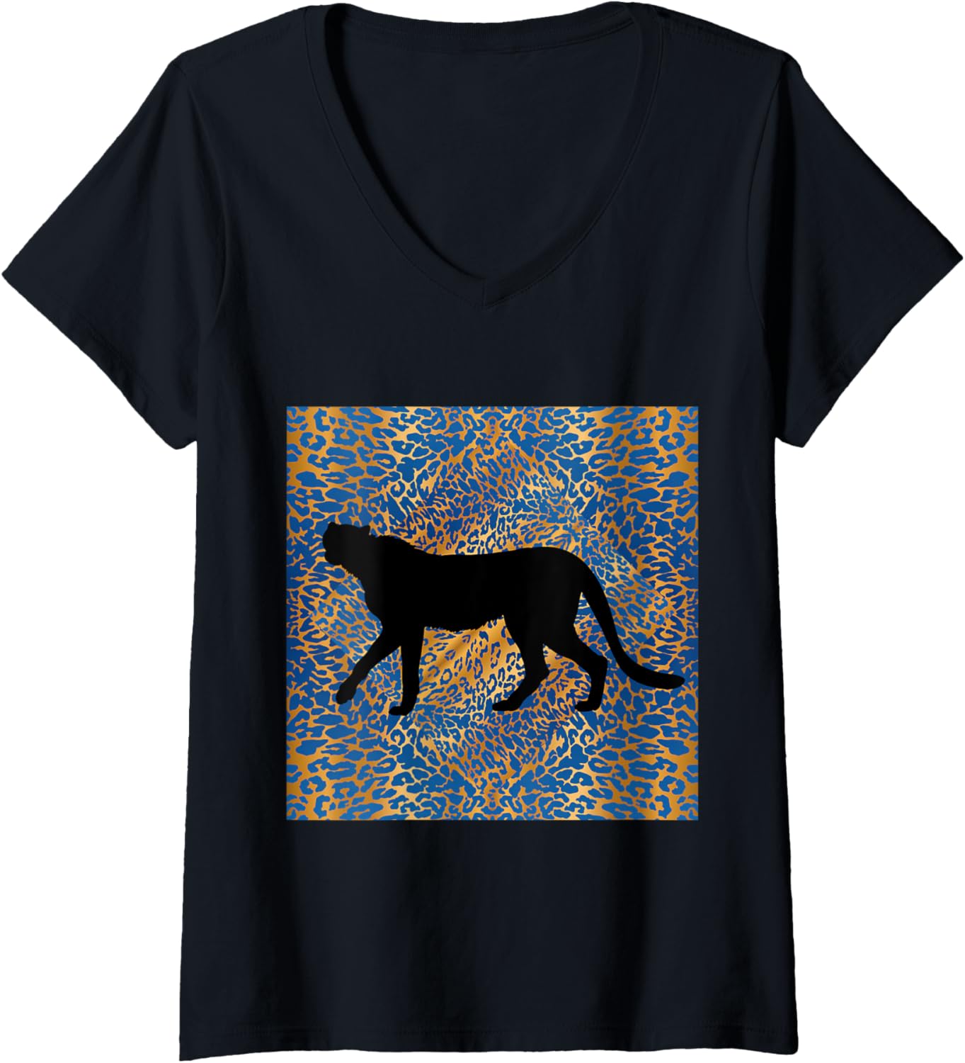 Womens CHEETAH PRINT IN GOLDEN AND BLUE WITH SILHOUETTE CHEETAH V Neck Apparel High Search Demand Best Seller Look