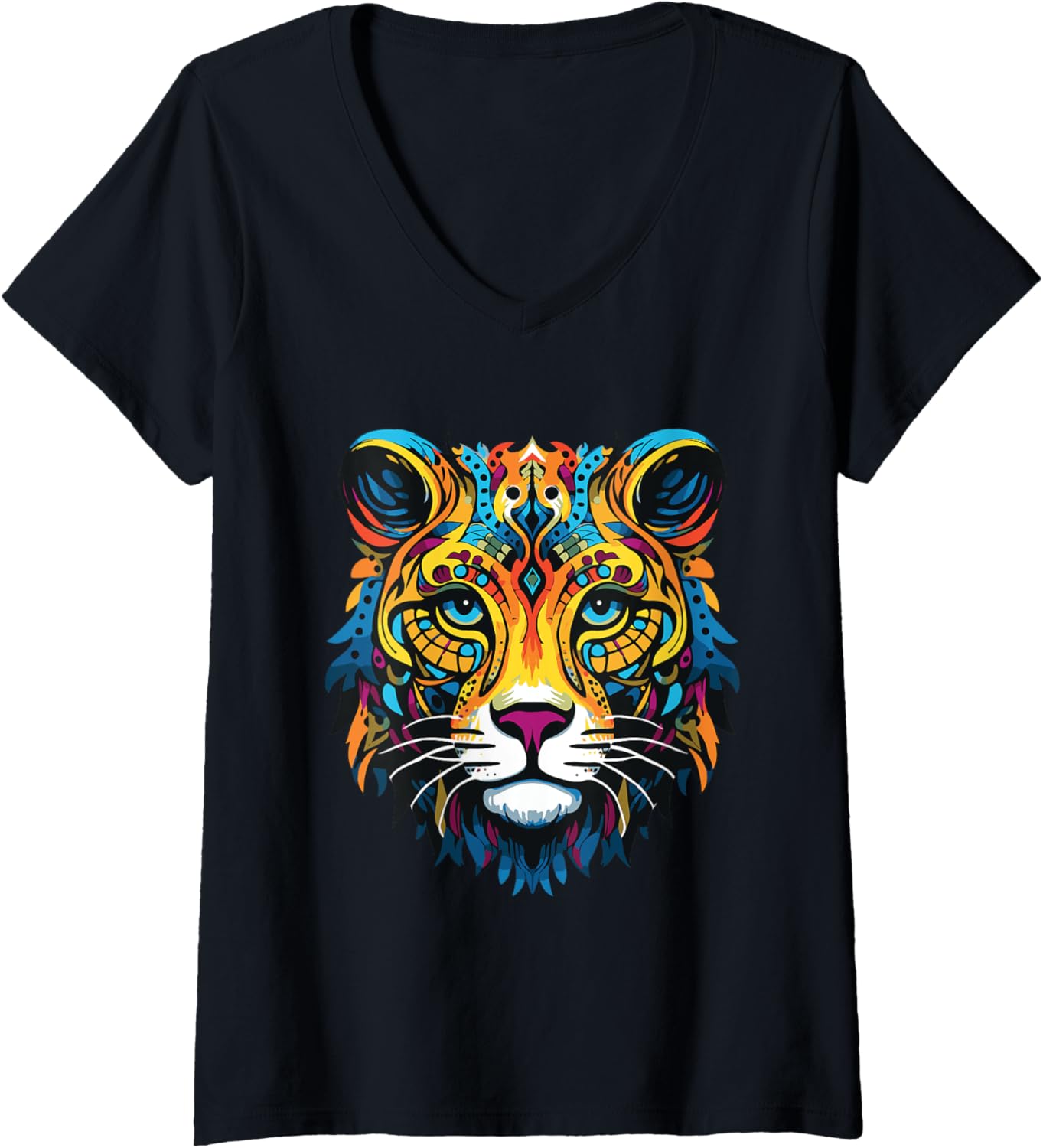 Womens Cheetah Colorful Portrait Animal Head Artwork V Neck Apparel Comfort Fit Hot Right Now