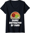 Womens Funny Knitting Easily Distracted By Yarn Retro Knitter V-Neck Yarn Supply | High Search Volume | Best Seller C...
