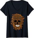 Womens Smiling Leopard Print Skull Tee Fall Autumn Leaf Fashion V Neck T Shirt High Search Demand US Top Pick