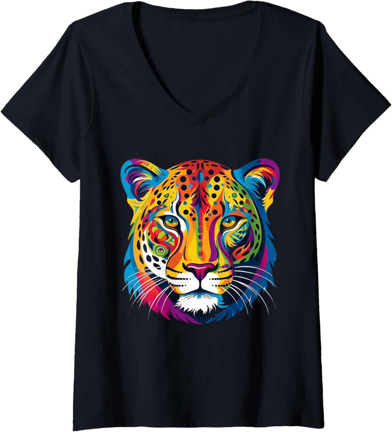 Womens Colorful Cheetah Face Animal Print Big Cat Wildlife Graphic V Neck Apparel Comfort Fit Everyday Wear