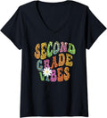 Womens Groovy SECOND GRADE VIBES Teacher Leopard Print 2nd Gr Retro V Neck Apparel Trending US Best Seller Look