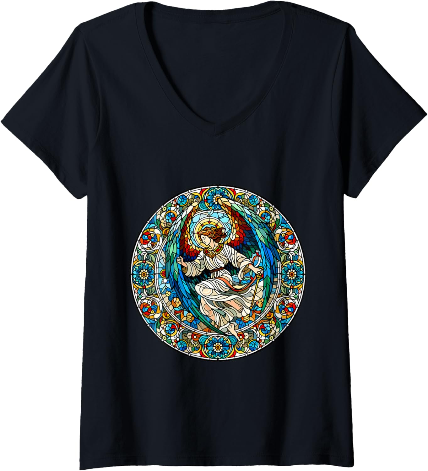 Womens Stained Glass Archangel Saint Michael V-Neck Apparel | US Best Seller