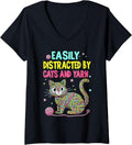 Womens Easily Distracted By Cats And Yarn Knitting Yarn Crochet cat V-Neck Yarn Supply | Viral US Pick | Customer Fav...