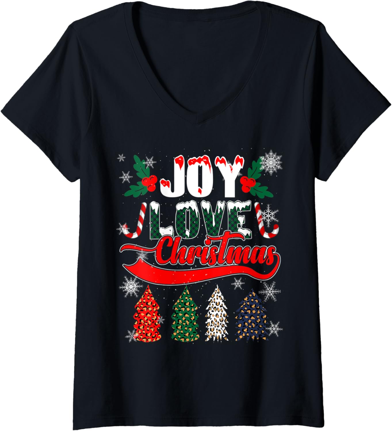 Womens Joy Love Christmas Trees Gingham Plaid LEO Cheetah Print V Neck Apparel Streetwear Style Hot Right Now